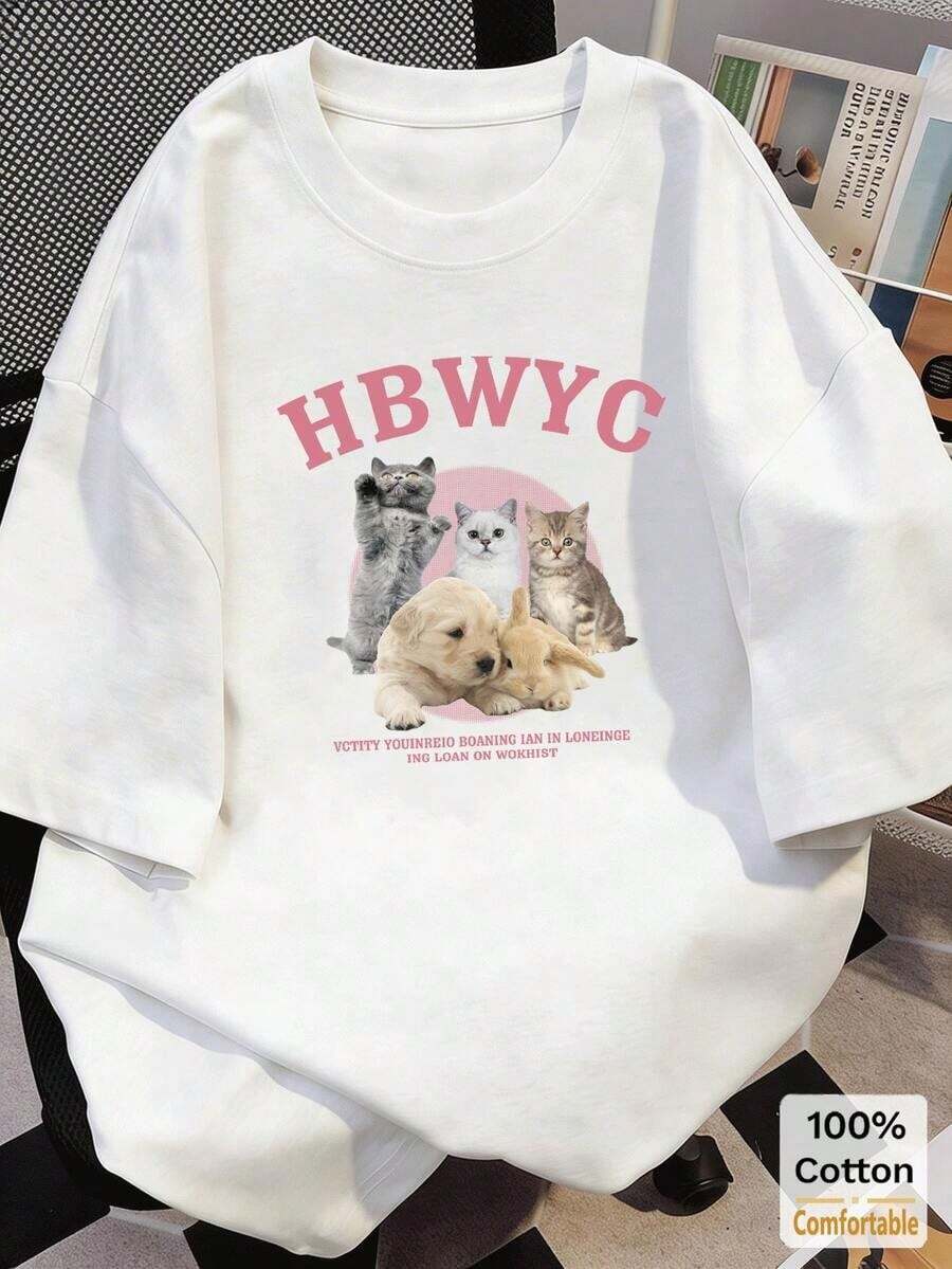 Casual Crew Neck T-Shirt. 100% Cotton. 1 Pack. Short-Sleeved, Mid-Length Cartoon-Print Cotton T-Shirt, Casual Top For Women, Summer White. Suitable For Summer. - 白色 - 查看 1