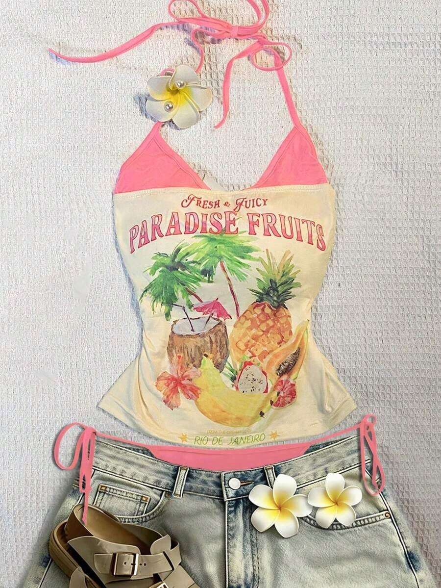 Top halter con estampado de frutas, diseño sin espalda, estilo casual de vacaciones, chaleco de 2 en 1 con bloques de color, adecuado para fiestas, citas, playas, carnavales y otras ocasiones, la elección perfecta para el verano.Top de playa, ro - Multicolor 14 - Ver 1