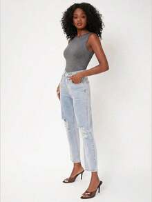 Body tank unicolor de cuello redondo ajustado - Gris - Ver 3