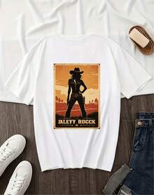 Affordable Women's T-Shirt, Cowboy Style, Retro, Rock, Western, With Cowgirl Silhouette Print, Short Sleeve, Casual And Fashionable, Summer Fitted Cut, Round Neck. - 白色3 - 查看 6