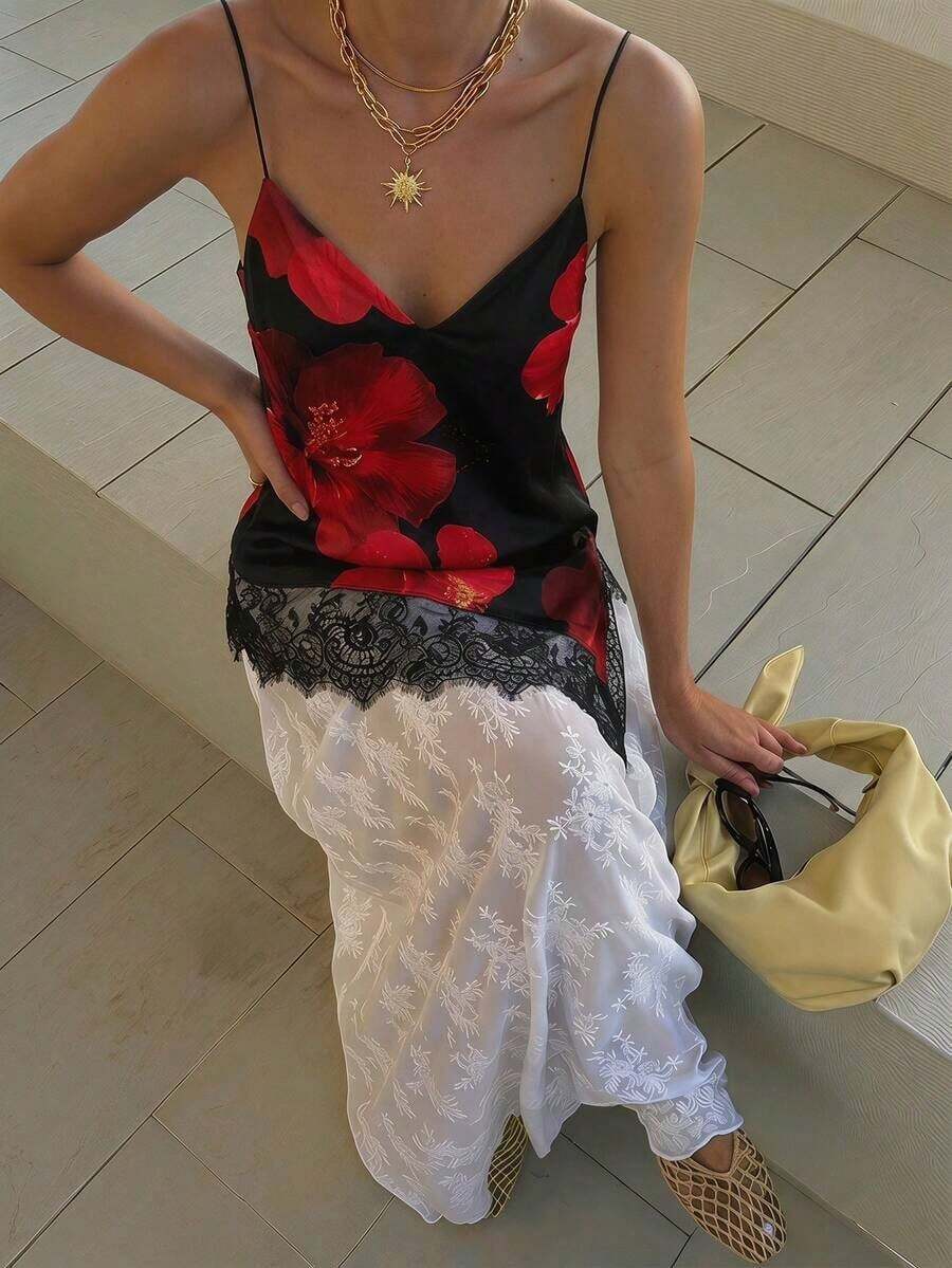 Camiseta elegante y sexy de mujer con estampado de leopardo y encaje en contraste, camiseta de estampado de leopardo elegante, top de fiesta, atuendos de playa y vacaciones para mujeres, top para salir - Rojo y negro - Ver 1