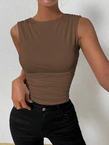 Camiseta de tirantes ajustada con cuello de tripulación y pliegues de unicolor de verano para mujer - Café integral 2 - Ver 3