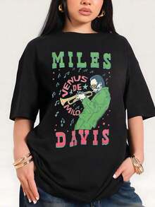 Miles Festival T-Shirt, Women's Concert T-Shirt, Youth Fashion, Women's T-Shirt, Spring And Summer Blouse For Women, Short T-Shirt With Round Neck And Pure Cotton Print, Casual T-Shirt For Women. - 黑色 - 查看 2