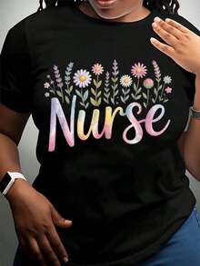 GiftNurse Floral Design T-Shirt For Women, Gift For Healthcare Workers, Spring/Summer Clothing, Pastel Print T-Shirt, Soft - 黑色 - 查看 3