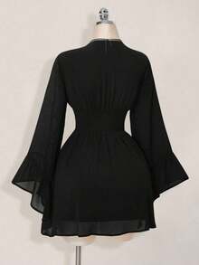 Vestido Unicolor Azul Marino – Mini, Manga Larga Farol, Cintura Fruncida con Falda Acampanada, Estilo Occidental para Primavera y Verano - Negro - Ver 10