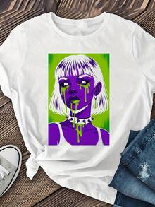 Mysterious Cyber Women, Short Sleeve T-Shirts For Women, Casual Short Sleeve T-Shirts, Round Neck Short Sleeve T-Shirts, Summer Clothes For Women - 白色 - 查看 1