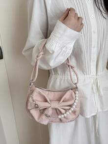 Cloud Ruched Solid Color Bow Decor Versatile Fashion Shoulder Bag - Pink - View 8
