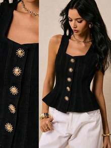 Nuevas blusas de mezclilla para mujer con cuello cuadrado, tirantes, decoración de hebilla metálica, volantes en la cintura y bajo, para otoño.Blusas de mezclilla azul oscuro, elegantes y de estilo francés para uso diario y viajes.Blusas verdes - Negro - Ver 1