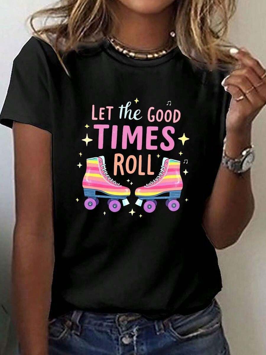 One Piece, Classic And Versatile, Pure Cotton Short-Sleeved T-Shirt Ideal For Any Season. For Women, Making Wonderful Moments Keep Coming. Printed, Modern Style - 黑色 - 查看 1