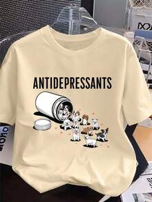 1 Piece Fashion Casual For Men And WomenCamiseta de manga corta con cuello redondo estampada con "Anti-Depresivo" de perro lindo. Nueva camiseta holgada y versátil de manga corta y cuello redondo con un estilo minimalista y casual y un estampado atractivo, adecuada para uso diario y de vacaciones. - Albaricoque - Ver 4