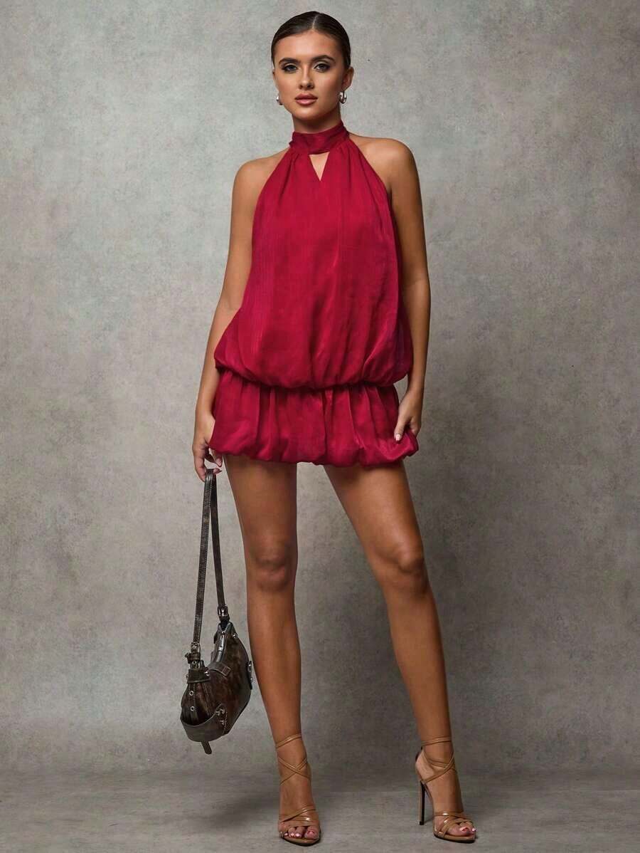 Vestido de fiesta/Halloween/Navidad/Cóctel/Vuelta al colegio/Fiesta de cumpleaños/Fiesta de club de mujer de color rojo cereza sólido con espalda descubierta, cuello halter, falda acampanada de gasa con volumen y un mini vestido de estilo culotte. - Albaricoque 3 - Ver 1