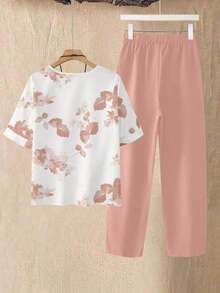 2 piezas Conjunto de top y pantalones casuales estampados para mujer - Rosa - Ver 2