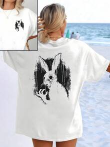 Figure Of A Mysterious Rabbit Observing From The Shadows With One Hand Raised, Representing Curiosity And Inner Energy, On A Delicate White Background. Women's T-Shirt With Elegant And Comfortable Double Print For Everyday Wear. - White - View 1