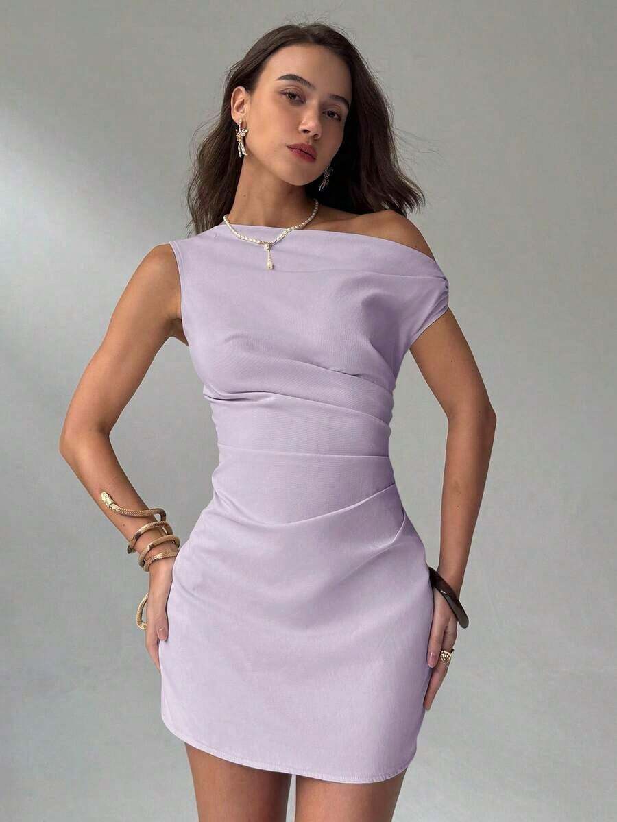 Nuevo vestido ajustado mini de color albaricoque con cintura fruncida y diseño asimétrico de hombro asimétrico que estiliza la figura - Púrpura malva - Ver 1
