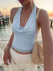 Nuevo Camisol de Mujer con Cuello Halter, Espalda Descubierta y Tirantes con Lazo, Diseño de Encaje y Parches, Adecuado para Vacaciones y Playa - Celeste - Ver 3