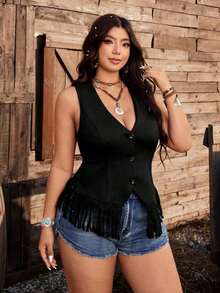 Chaleco con flecos de cuello en V, estilo minimalista y elegante casual del campo estadounidense, color caqui/café, talla grande para mujer - Negro - Ver 6