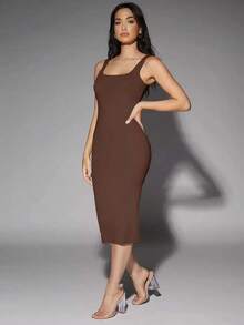 Vestido tank de espalda baja unicolor - Café integral - Ver 3