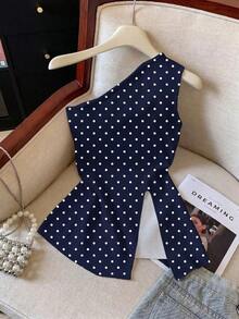 Camiseta de tirantes asimétrica con estampado de lunares de moda para mujer en verano - Azul - Ver 5