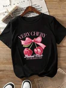Women's Casual T-Shirt With A Round Neck, Short Sleeves, And Dropped Shoulders. Versatile And Suitable For Streetwear, Everyday Wear, And A Y2K/Crop Top Style. Perfect For Outings, Camping, Concerts, And Hip-Hop, Rock, And Rap Events. Features A Cherry Print, A Regular Length, And Medium-Stretch Fabric For Summer Comfort. - 黑色 - 查看 2