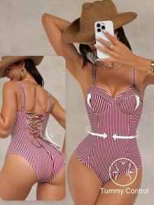 Traje de baño de una pieza con control de abdomen, con cordón, espalda descubierta, a rayas azul y blanco, con efecto push-up, para playa, resort y fiesta - Rojo y blanco - Ver 3