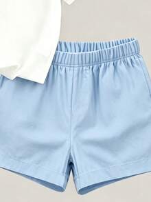 Tween-Mädchen Mode Buchstaben-Muster Rundhals Kurzarm T-Shirt und lässiges Shorts Set - Graublau - Übersicht 5