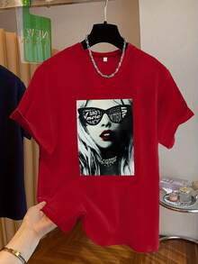 Fashionable Women's T-Shirt With A Circular Print, Soft And Versatile, Featuring Stylish Graphics Of Feminine Characters, Short Sleeves And Comfortable, Ideal For Casual Wear, A  Top For All Seasons - [紅色的] - 查看 6