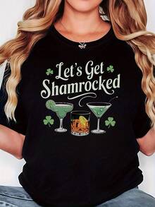 Women's St. Patrick's Day Graphic Print T-Shirt "Let's Get Shamrocked", Short Sleeve, Crew Neck, Casual, Spring-Summer, For Everyday Wear, Holiday Gift - 黑色 - 查看 6