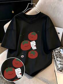 2026 Spring/Summer New Women's Oversized Drop Shoulder T-Shirt With Smiling Tomato Print, Soft And Loose Short Sleeves - Cool And Eye-Catching Urban Fashion Style, Unisex, Sweet And Energetic Vibe - 黑色 - 查看 1