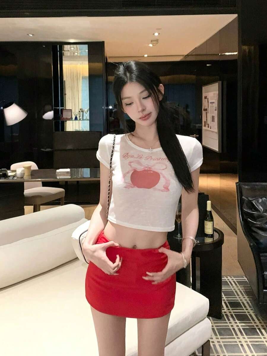 Dopamine Graphic Print Cropped Apple Short Sleeve T-Shirt, Fitted Midriff-Baring Top For Summer White - White - View 1