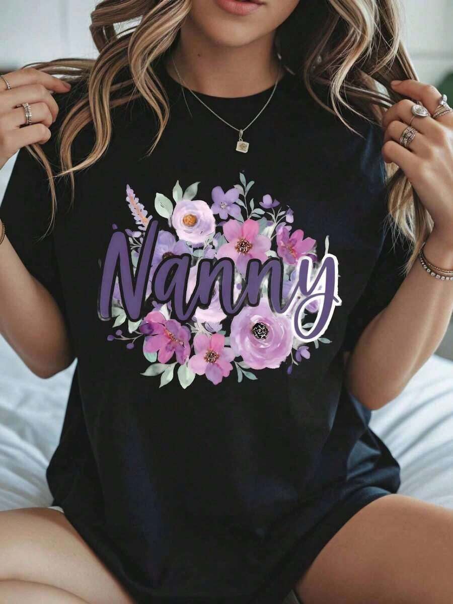 1 Piece Floral Nanny T-Shirt For Women, Gift For Grandmother, Mother's Day, Birthday Gift, Cute Printed T-Shirt, 180g 100% Cotton - 黑色 - 查看 1