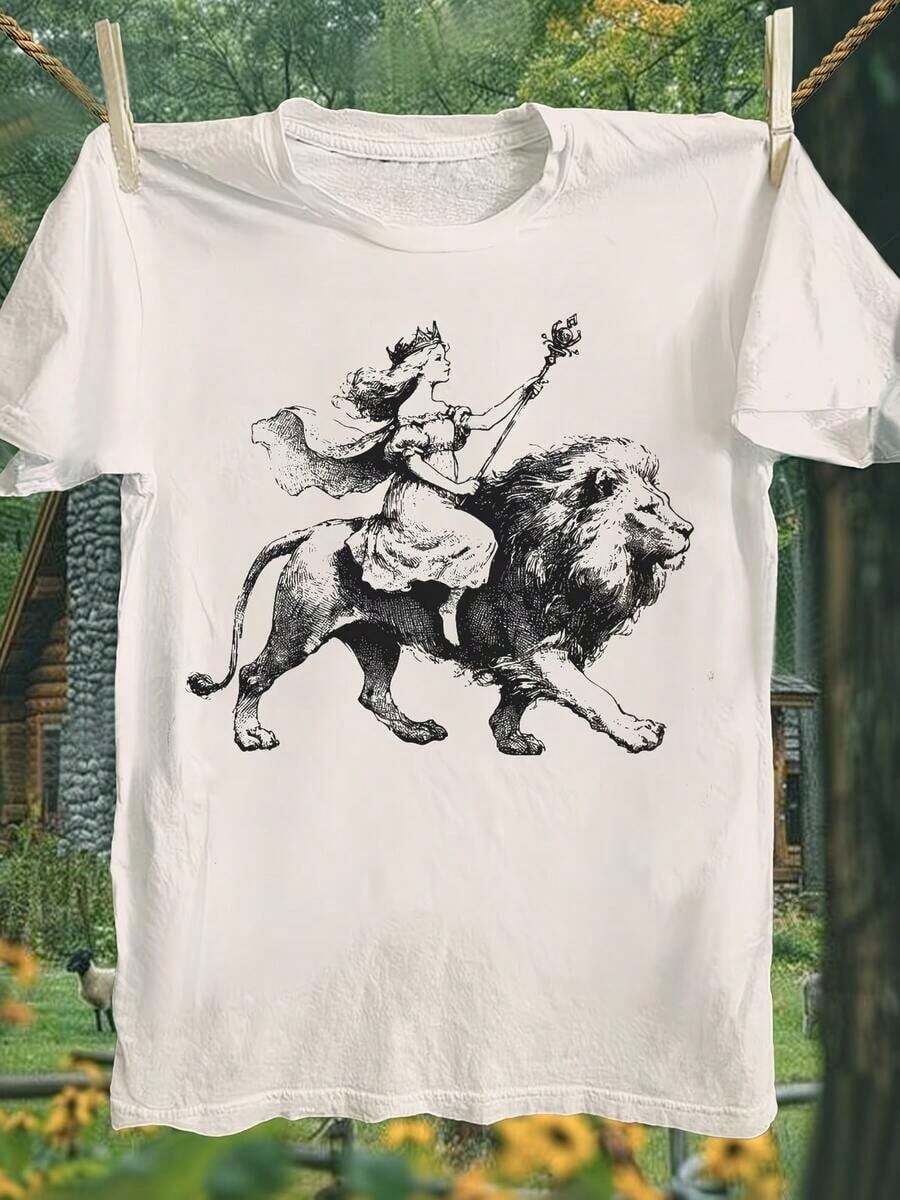 1 Casual Printed T-Shirt, Showcasing Individual Style, Casual T-Shirt - Queen Riding A Lion Print, Round Neck, Short Sleeves, Suitable For Spring And Summer Wear. 180g 100% Cotton. - 白色 - 查看 1