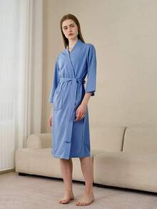 升级版轻盈华夫格情侣浴袍,女士加大码速干七分袖浴袍,简约纯色浴袍,日式加大码女士春秋季睡衣,秋季提花法兰绒情侣家居浴袍,男女通用 - 彩色 - 查看 11