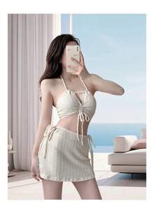 Traje de Baño Bikini de Tres Piezas para Mujer, Estilo Sexy y de Alta Gama, con Relleno en el Pecho, para Baño Termales - Beis - Ver 2