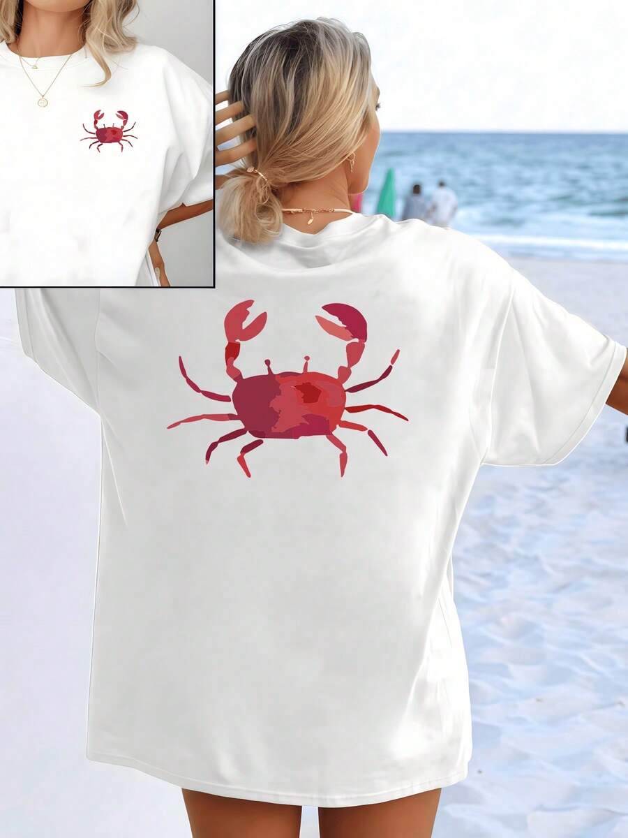 Red Crab, Symbol Of Marine Energy And Connection With Nature, Evoking Freedom And Inner Strength. Ideal For Days By The Sea. Women's T-Shirt With A Casual And Comfortable Double Print. - 白色 - 查看 1