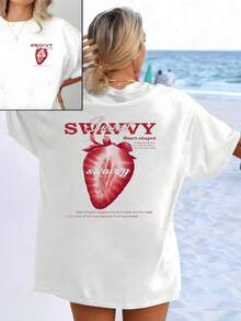 A Red Strawberry In The Shape Of A Heart Symbolizes Sweetness And Summer Energy, Conveying A Cheerful And Romantic Feeling For Those Who Love Unique Details. Women's T-Shirt With Double Print On The Front And Back. - 白色 - 查看 8