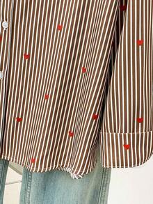 Blusa de mujer con cuello polo, estampado de corazones y rayas - Camisa casual de manga larga con botones, adecuada para uso diario en primavera, verano y otoño - Café integral - Ver 8