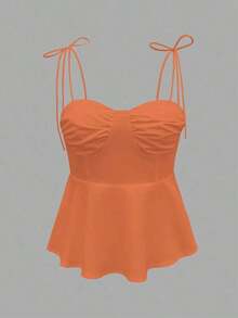 1 pieza Blusa casual sin mangas con volantes en el bajo, Elegante top tubo minimalista francés de color blanco puro, Camiseta sin mangas ajustada para vacaciones y viajes, Ligera camiseta con lazo delantero, Ropa exterior sexy tipo babydoll que acentúa las curvas, Primavera/Verano/Otoño - Naranja - Ver 4