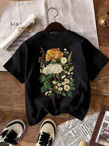 Women's Casual Blouse For Spring/Autumn - Double-Sided Print, Adorned With Floral And Fresh Leaf Motifs; Short-Sleeved Crew Neck T-Shirt With "HAWAII LEI MARKET" Print - 黑色 - 查看 3