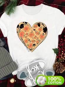 Plus Size Women's Clothing, Casual T-Shirt With Heart And Small Flowers Print For Valentine's Day, Fashionable Short Sleeve Round Neck Sports T-Shirt, Comfortable Top For Women - 白色的 - 查看 6