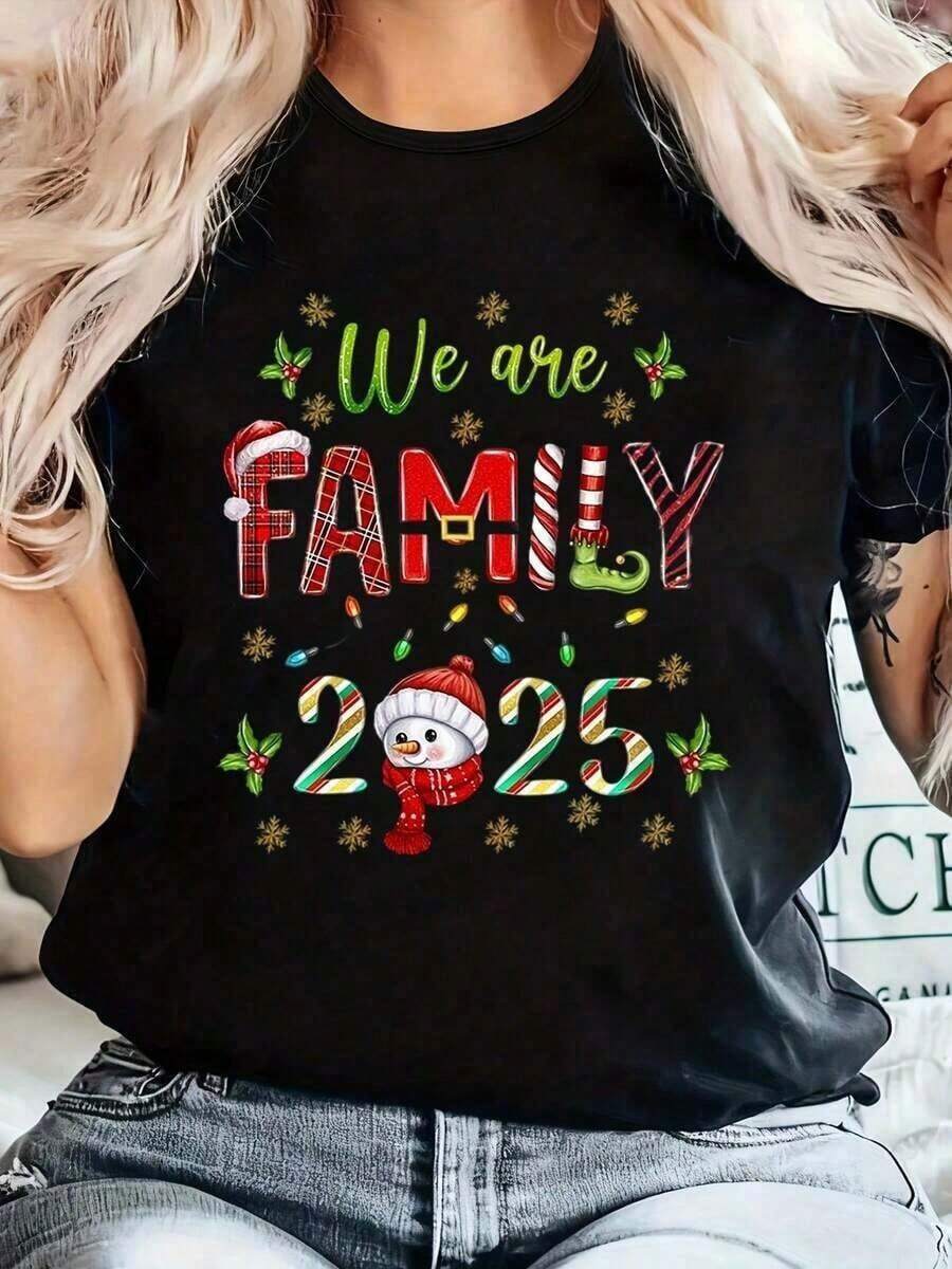 Christmas Series Pattern Round Neck Short Sleeves, Loose Casual Christmas T-Shirt - Featuring A Christmas Tree, Santa Claus Hat, And Other Fashionable Elements, This Round Neck Short Sleeve T-Shirt Is The Best Christmas Gift For Friends, Family, And Yourself. It Will Make You Shine In This Wonderful Christmas Winter Wear - Unisex Clothing For Women And Men - 黑色 - 查看 1