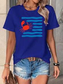 Women's White Short-Sleeved T-Shirt With Red Crab Print And Blue Stripes - Stylish Casual Beach Top With 100% Crab Print, Symmetrical Hem, Round Neck, Machine Washable, Regular Fit, Suitable For Spring, Summer And Autumn, For Everyday Wear And At The Beach. - 藍色的 - 查看 7
