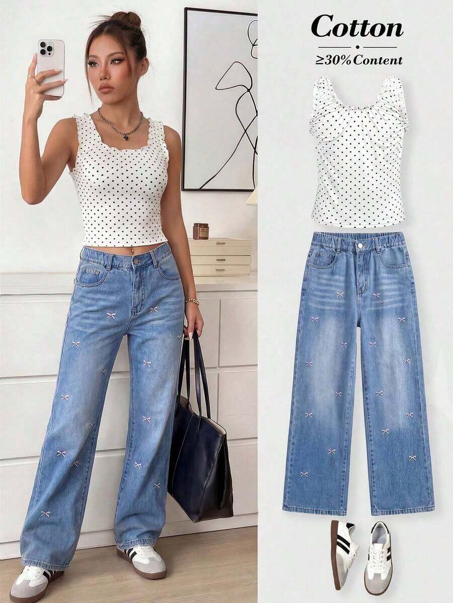 Jeans de pierna ancha para adolescentes, nuevos pantalones rectos con diseño bordado de moño, pantalones vaqueros holgados, pantalones vaqueros holgados para mujer, pantalones vaqueros holgados para niñas, pantalones vaqueros holgados para - Azul 5 - Ver 1