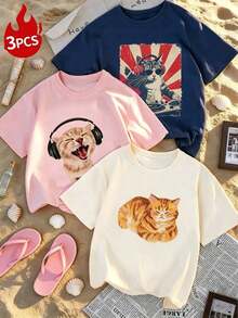 Set Of 1 Women's Short-Sleeved T-Shirts With Round Neck, Letter Print, Palm Trees And Flowers In Eye-Catching Colors, Casual, Versatile And Suitable For Daily Use, Holidays And Spring-Summer - 杏色 - 查看 4