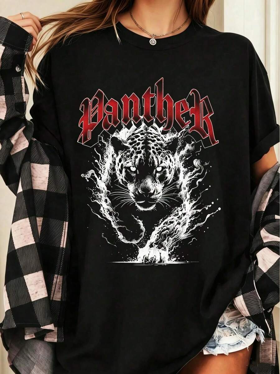 Women's Short-Sleeved T-Shirt, Crew Neck, Loose Fit, With A Feline Graphic Print, Ideal For Everyday Wear, Casual Outings, Weekends, And Outdoor Activities. Perfect For Urban And Streetwear Style, Ideal For Spring And Summer. Shipping Available Within Mexico. - 黑色 - 查看 1