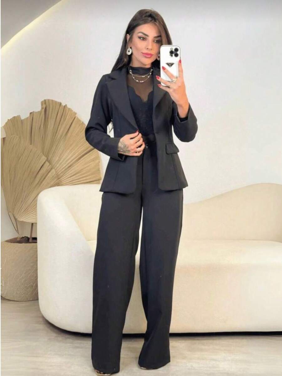 Tailored Blazer And Belt Set For The Office. - 黑色 - 查看 1
