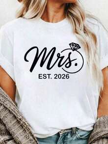 1 Piece 100% Cotton Bride Est. 2026 Future Wife T-Shirt For Bachelorette Party, Wedding, Printed T-Shirt, Casual, Round Neck, Short Sleeve, Comfortable, For Spring And Summer, Women's Clothing, 180g, 100% Cotton, Designs Are Printed. Unisex. - 白色 - 查看 7