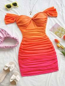 Vestido ajustado de punto y malla con hombros descubiertos para vacaciones - Naranja - Ver 8