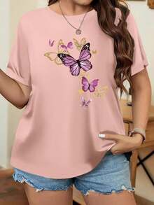 Women's Summer T-Shirt, Round Neck, Loose Fit, Breathable And Printed - Short Sleeve T-Shirt With Butterfly Print - Breathable Casual Blouse Suitable For Spring And Summer Casual Outfits And Layering - Pink T-Shirt For Women, Cool And Breathable, Suitable For Holiday Travel, Outdoor Activities, Daily Gifts And Leisure At Home (2XL-4XL). - 粉色 - 查看 6