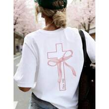 Women's Short-Sleeved T-Shirt, New Summer Style, Simple, With Crossover Tie Print, Casual, Loose, Versatile, Round Neck, Dark Gray Color, Modern Everyday Top, Suitable For Daily Wear And Holidays. - 白色 - 查看 1