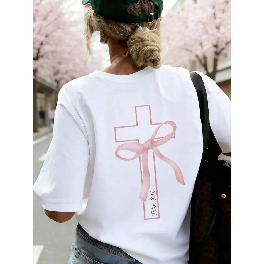 Women's Short-Sleeved T-Shirt, New Summer Style, Simple, With Crossover Tie Print, Casual, Loose, Versatile, Round Neck, Dark Gray Color, Modern Everyday Top, Suitable For Daily Wear And Holidays. - 白色 - 查看 1